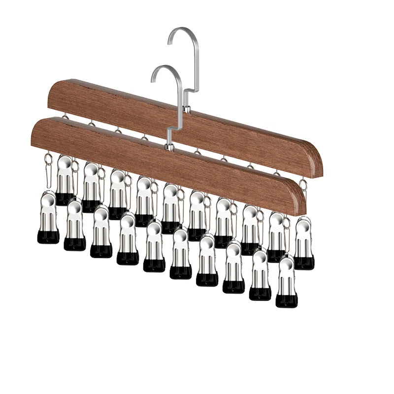3x Wooden Multi-Clip Hanger Rack